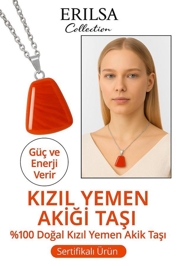 Sertifikalı AAA+ Kızıl Yemen Akiği Kolye – Beşgen Model, Gümüş Aparatlı - Image 1