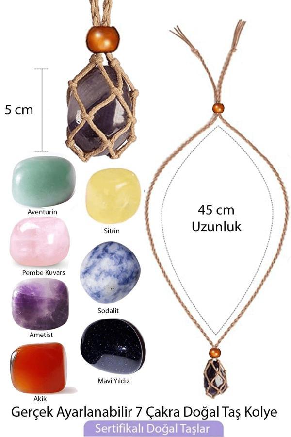 Sertifikalı Orijinal Şifa Seti Makrome Örgülü 7 Çakra Doğal Taş Kolye Ayarlanabilir - Krem - Image 1