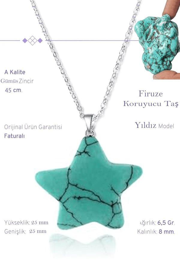 Sertifikalı Gerçek Yıldız Model Firuze (Turkuaz) Taşı Kolye - Gümüş Aparatlı - Image 1