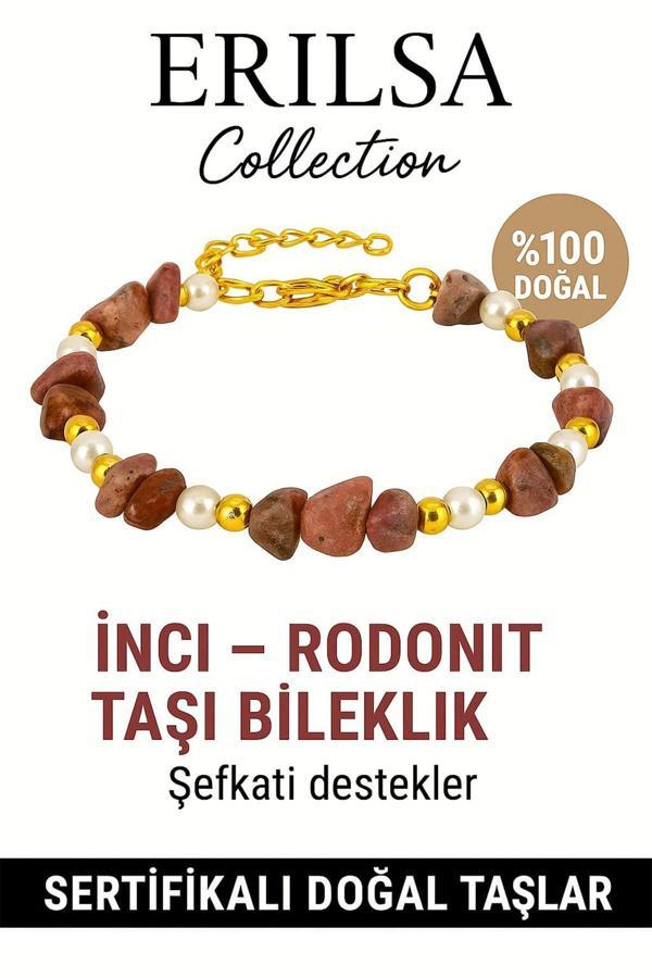 Sertifikalı Kırık Taşlı Model İnci Rodonit Taşı Bileklik – Sevgi ve Denge Enerjisi - Image 1
