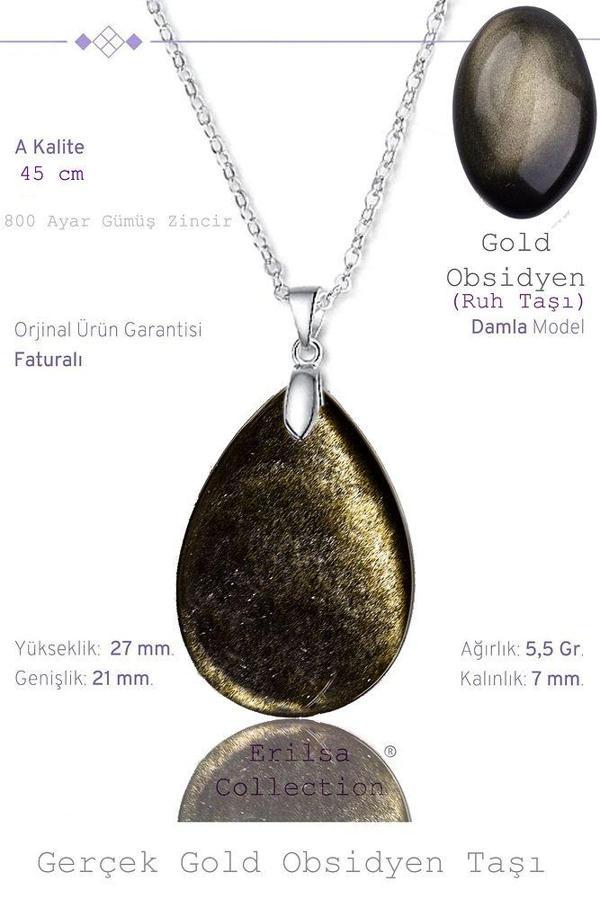 Sertifikalı Damla Model Gold Obsidyen Taşı Kolye (GÜMÜŞ APARATLI) - Image 1