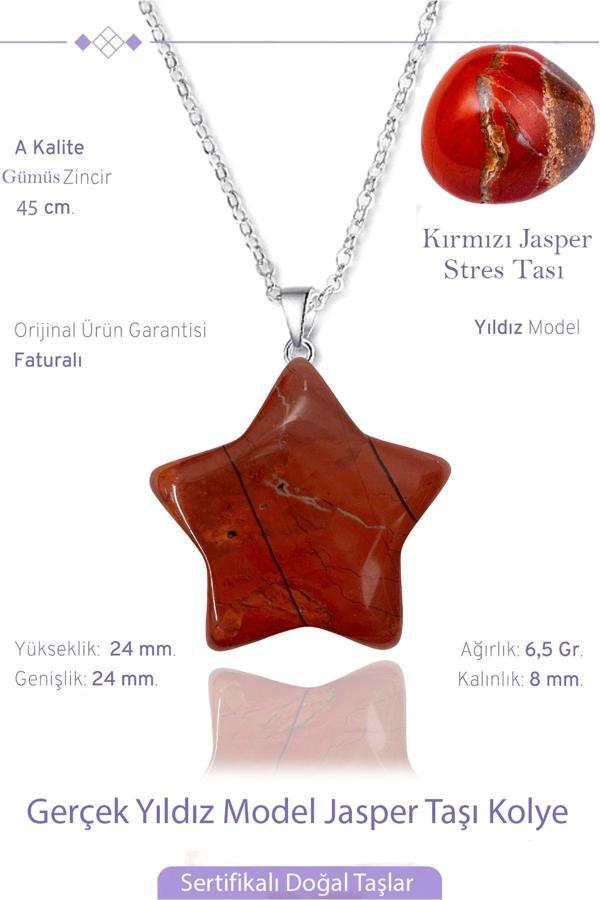 Sertifikalı Gerçek Yıldız Model Kırmızı Jasper Taşı Kolye - Gümüş Aparatlı - Image 1