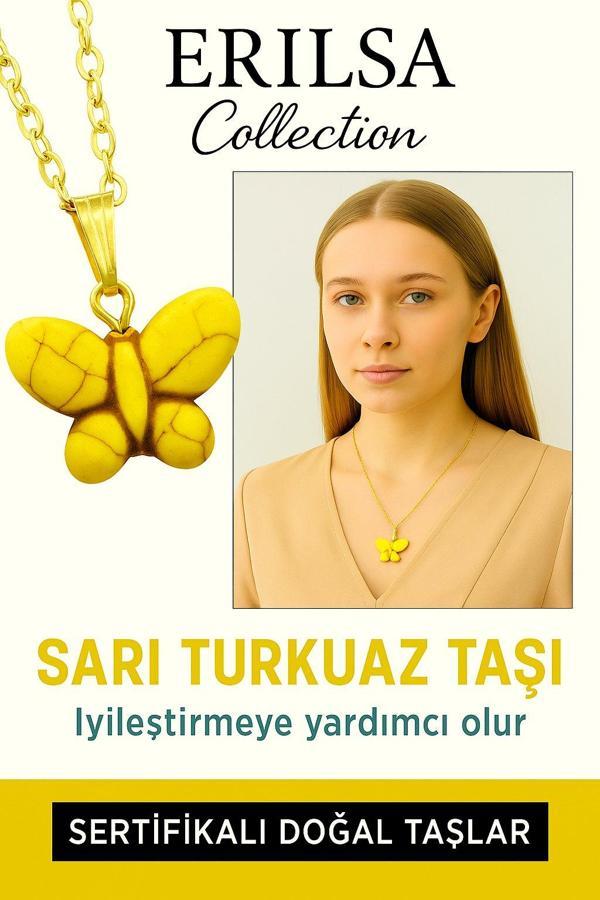 Sertifikalı Sarı Renkli Kelebek Model Sarı Turkuaz Taşı Kolye – Enerji, Yenilik ve Ruhsal Koruma Taşı - Image 1