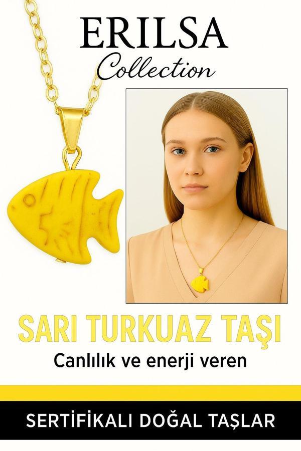 Sertifikalı Sarı Renkli Balık Model Sarı Turkuaz Taşı Kolye – Enerji, Şans ve Ruhsal Koruma Taşı - Image 1