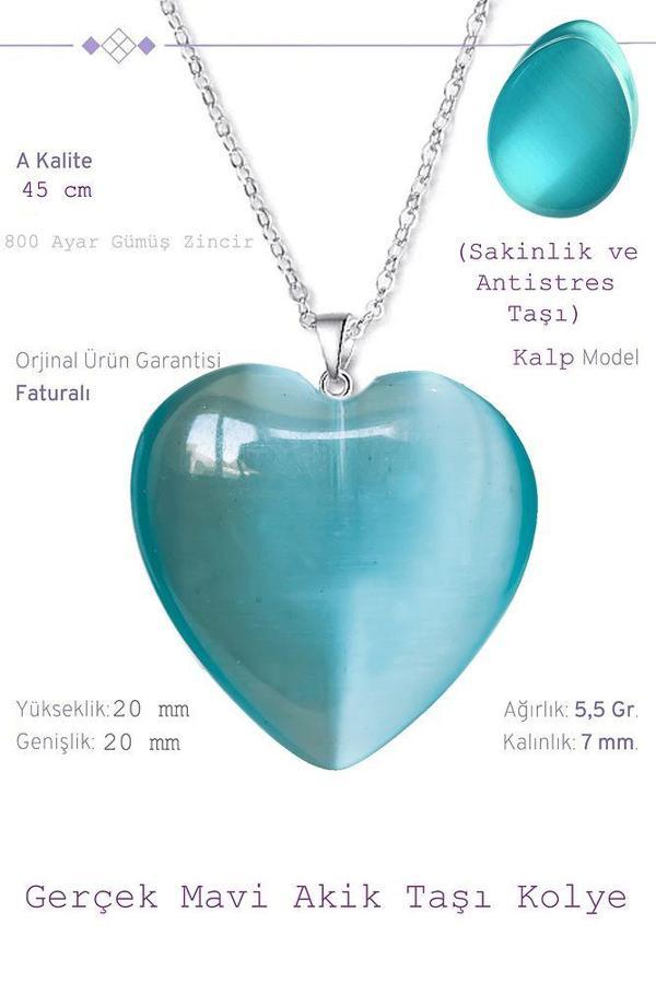 Sertifikalı Kalp Model Açık Mavi Akik Taşı Kolye (Gümüş Aparatlı) - Image 1