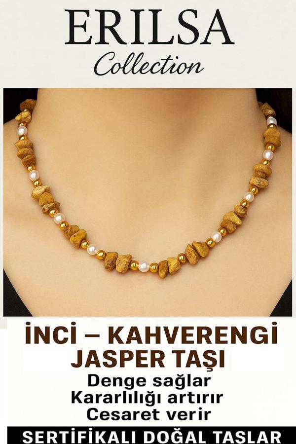 Sertifikalı Kırık Taşlı Model İnci – Kahverengi Jasper Taşı Kolye – Enerji ve Denge - Image 1