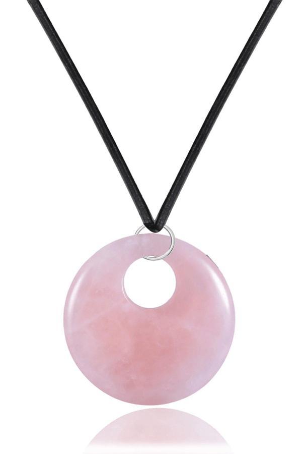 Sertifikalı Deri İpli Doğal Pembe Kuvars Taşı Kolye - Image 1