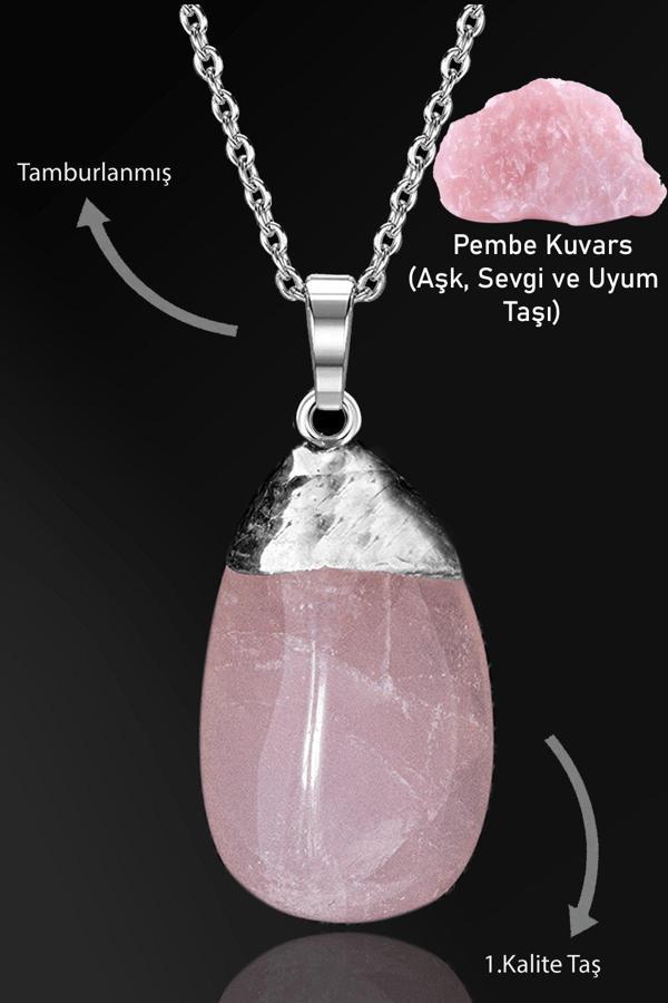 Sertifikalı Tamburlanmış Pembe Kuvars Taşı Kolye - Image 1