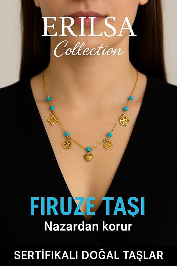 Sertifikalı Gold Firuze - Turkuaz Taşı Şans Charm Kolye - Işıltı Serisi - Image 1