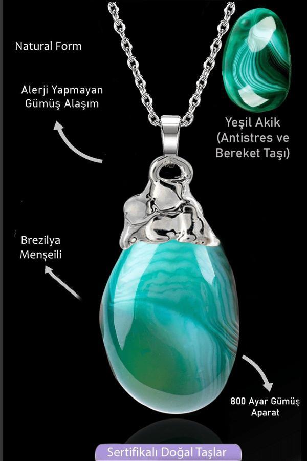 Sertifikalı Tamburlanmış Ham Yeşil Akik Taşı Kolye - Image 1