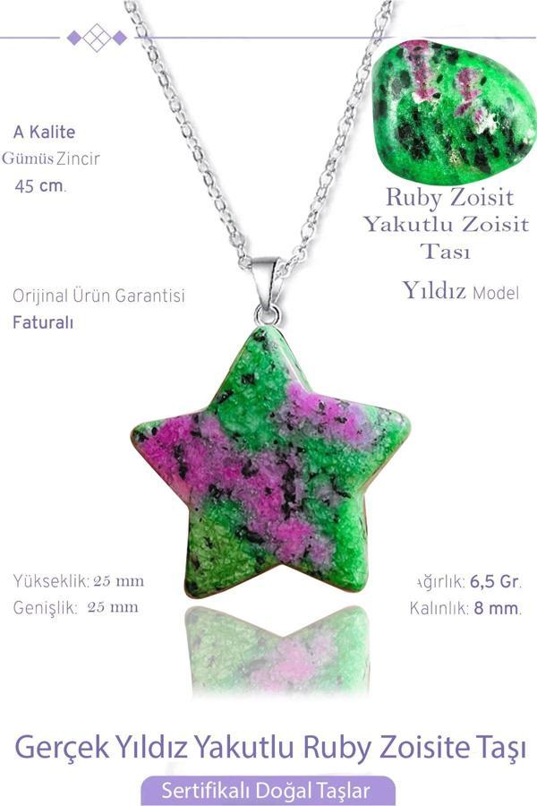 Sertifikalı Gerçek Yıldız Model Ruby Yakutlu Zoisite Taşı Kolye (Anyolit Taşı) - Image 1