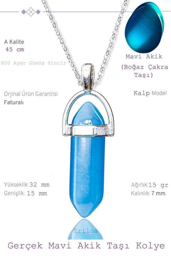 Sertifikalı Çivi Model Koyu Mavi Akik Taşı Kolye (1.Kalite) - Image 1
