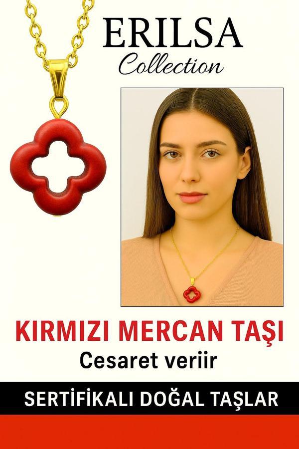 Sertifikalı Gold Yonca Model Kırmızı Mercan Taşı Kolye Cesaret Verir - Image 1