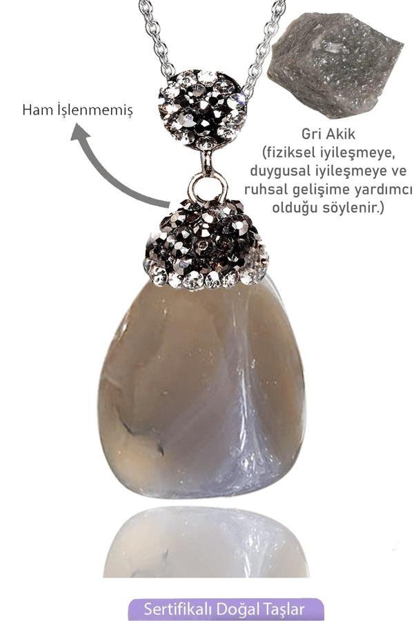 Sertifikalı Zirkon Taşlı Model Ham Gri Akik Taşı Kolye - Image 1