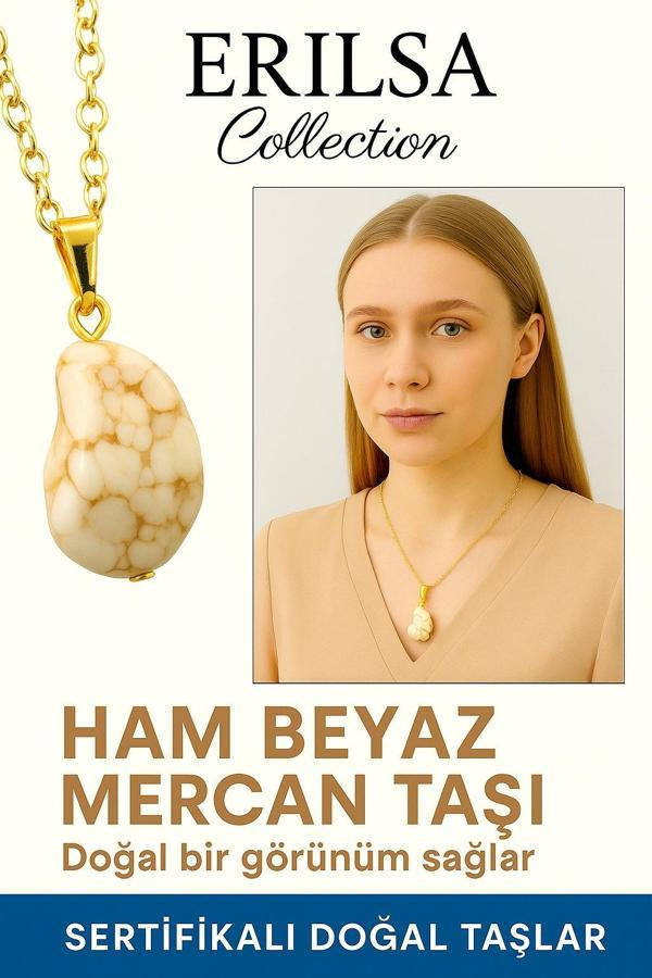 Sertifikalı Altın Renkli Ham Beyaz Mercan Taşı Kolye – Saflık, Huzur ve Spiritüel Koruma - Image 1