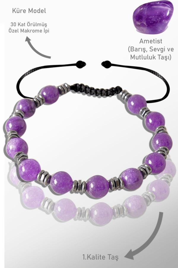 Sertifikalı Gerçek Hematit - Ametist Taşı Bileklik - Ayarlamalı (Hindistan) - Image 1