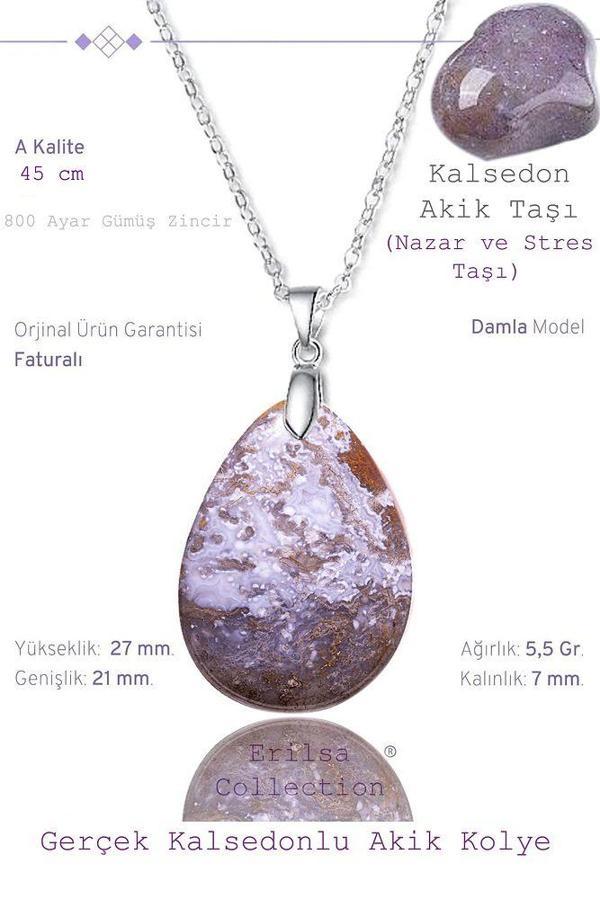 Sertifikalı Damla Model Kalsedon Akik Taşı Kolye (GÜMÜŞ APARATLI) - Image 1