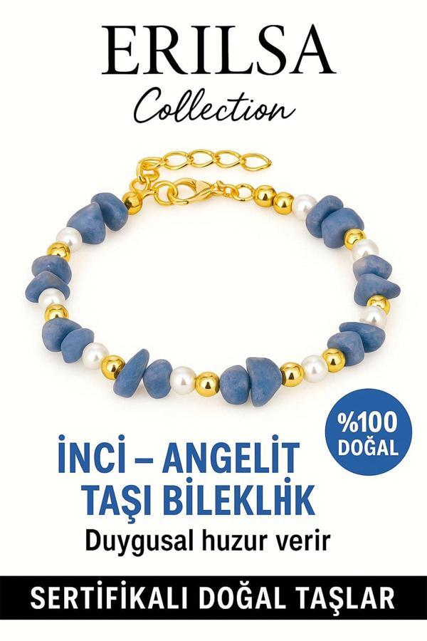 Sertifikalı Kırık Taşlı Model İnci – Angelit (Melek Taşı) Bileklik – Ruhsal Denge ve Koruma Enerjisi - Image 1