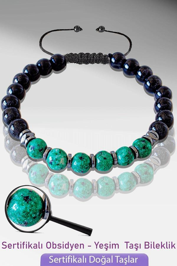 Sertifikalı Gerçek Doğal Obsidyen - Yeşim Taşı Bileklik - Ayarlamalı - Image 1