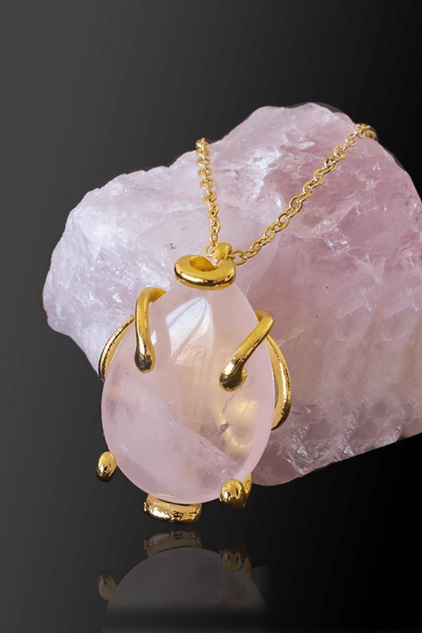Sertifikalı AAA+ Damla Model Açık Pembe Kuvars Taşı Kolye - Altın Renkli - Image 1