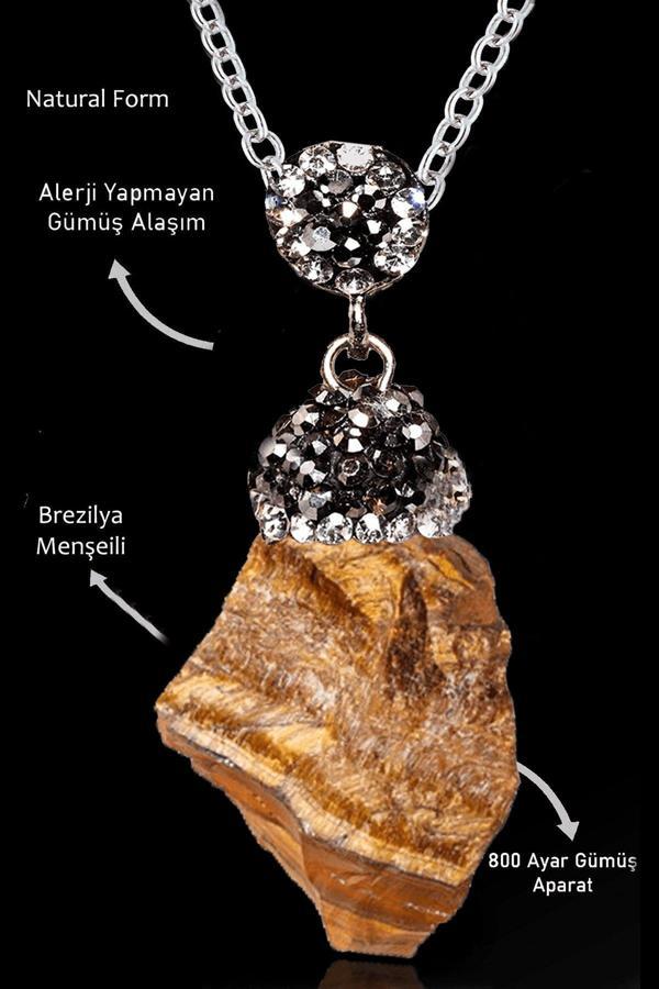 Sertifikalı Zirkon Taşlı Model Ham İşlenmemiş Kaplan Gözü Taşı Kolye - Image 1