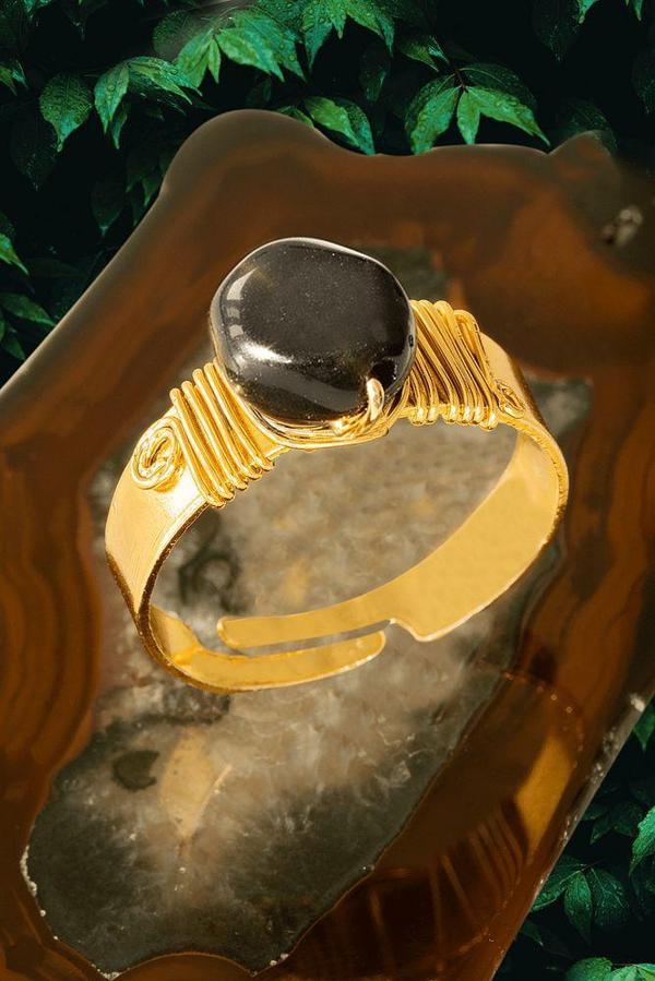 Sertifikalı Kalın Tımbıl Gold Model Siyah Obsidyen Taşı Yüzük - Ayarlamalı - Image 1
