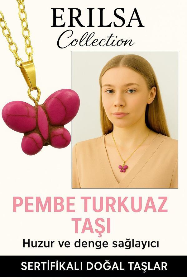Sertifikalı Kelebek Model Pembe Turkuaz Taşı Kolye – Sevgi, Denge ve Pozitif Enerji Taşı - Image 1