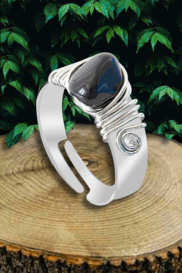 Sertifikalı Kalın Tımbıl Gümüş Model Obsidyen Taşı Yüzük - Ayarlamalı - Image 1