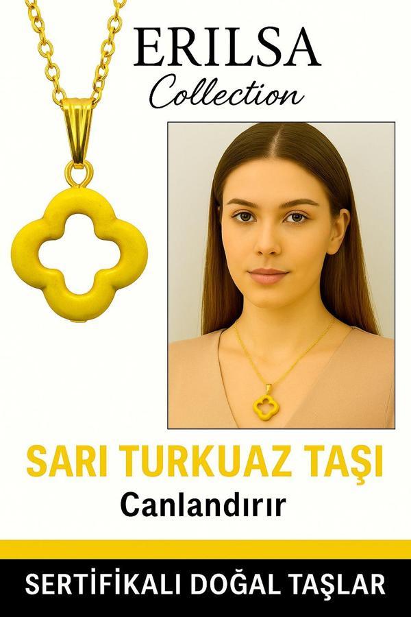 Sertifikalı Gold Yonca Model Sarı Turkuaz Taşı Kolye Neşe Verir - Image 1