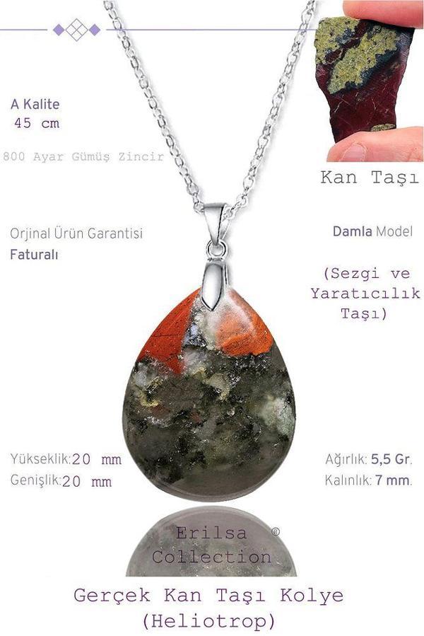 Sertifikalı Damla Model Kan Taşı Kolye (HELİOTROP) - Gümüş Aparatlı - Image 1