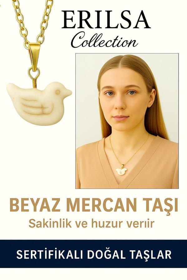 Sertifikalı Altın Renkli Kuş Model Beyaz Mercan Kolye – Huzur ve Özgürlüğün Simgesi - Image 1