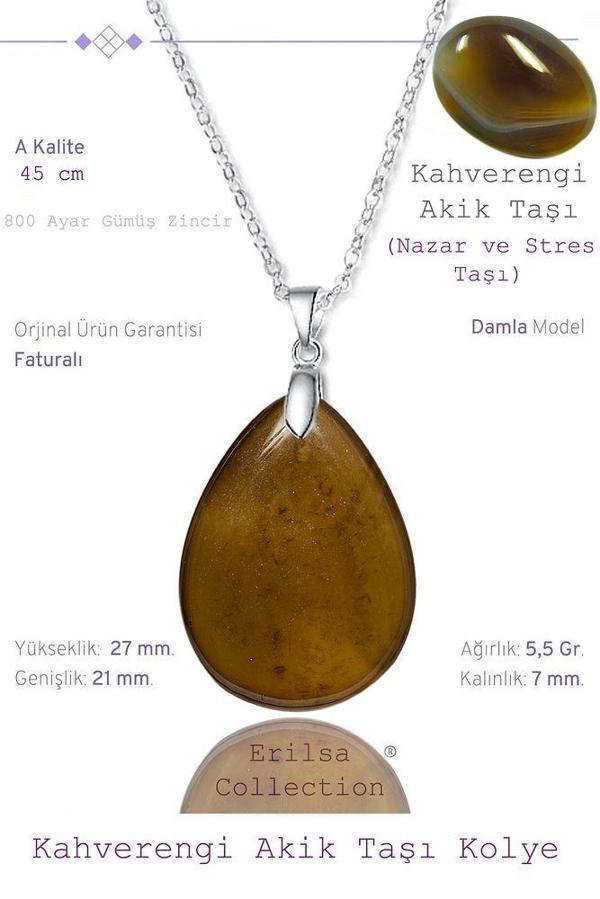 Sertifikalı Damla Model Kahverengi Akik Taşı Kolye (GÜMÜŞ APARATLI) - Image 1