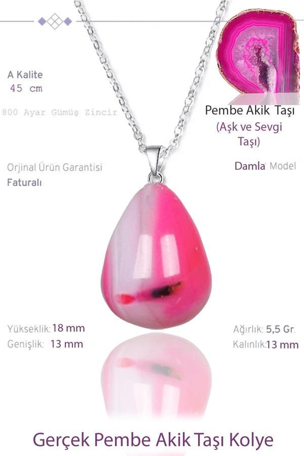 Sertifikalı Damla Model Gerçek Pembe Akik Taşı Kolye - Image 1