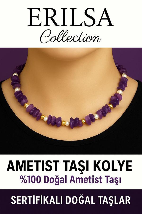 Sertifikalı Kırık Taşlı Model İnci – Ametist Taşı Kolye – Sakinlik ve Ruhsal Denge - Image 1
