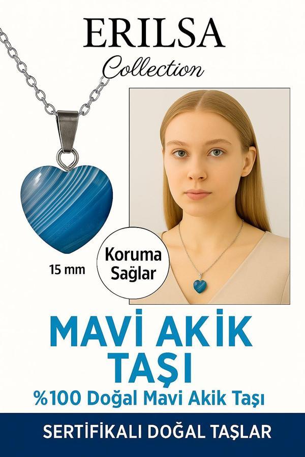 Sertifikalı Kalp Model Mini Mavi Akik Taşı Kolye – Sakinlik, İfade Gücü ve Koruma Taşı - Image 1