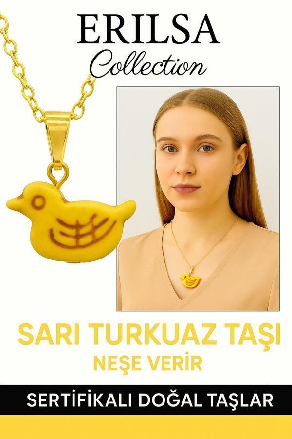 Sertifikalı Sarı Renkli Kuş Model Firuze (Turkuaz) Taşı Kolye – Özgürlük, Şans ve Koruma Taşı - Image 1
