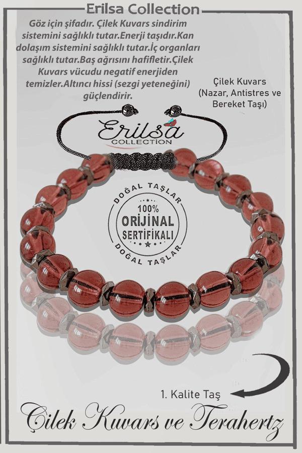 Sertifikalı Gerçek Hematit - Çilek Kuvars Taşı Bileklik - Ayarlamalı - Image 1