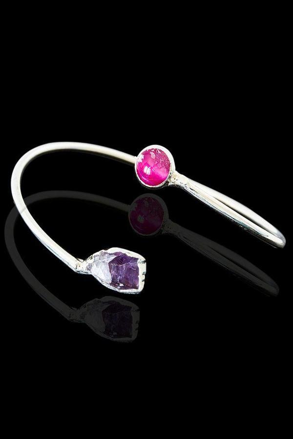 Sertifikalı Gümüş Renk Kelepçe Model Bileklik - (Pembe Akik - Ham Ametist Taşı) - Image 1