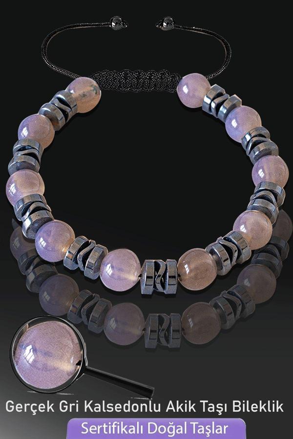 Sertifikalı Gri Kalsedonlu Akik Taşı Bileklik - Ayarlamalı - Image 1
