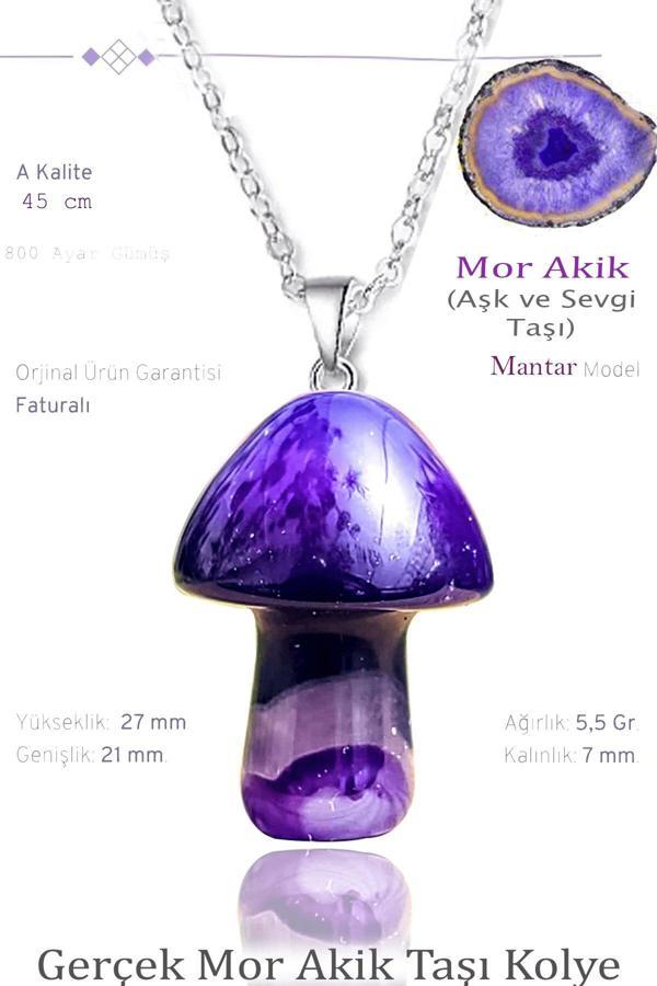 Sertifikalı Mantar Model Mor Akik Taşı Kolye - Gümüş Aparatlı - Image 1