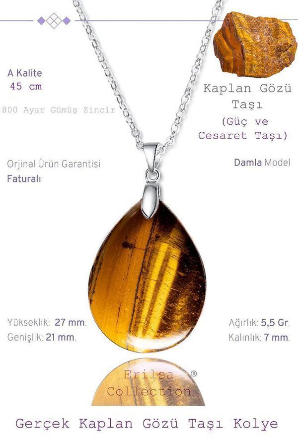 Sertifikalı Damla Model Kaplan Gözü Taşı Kolye (Gümüş Aparatlı) - Image 1