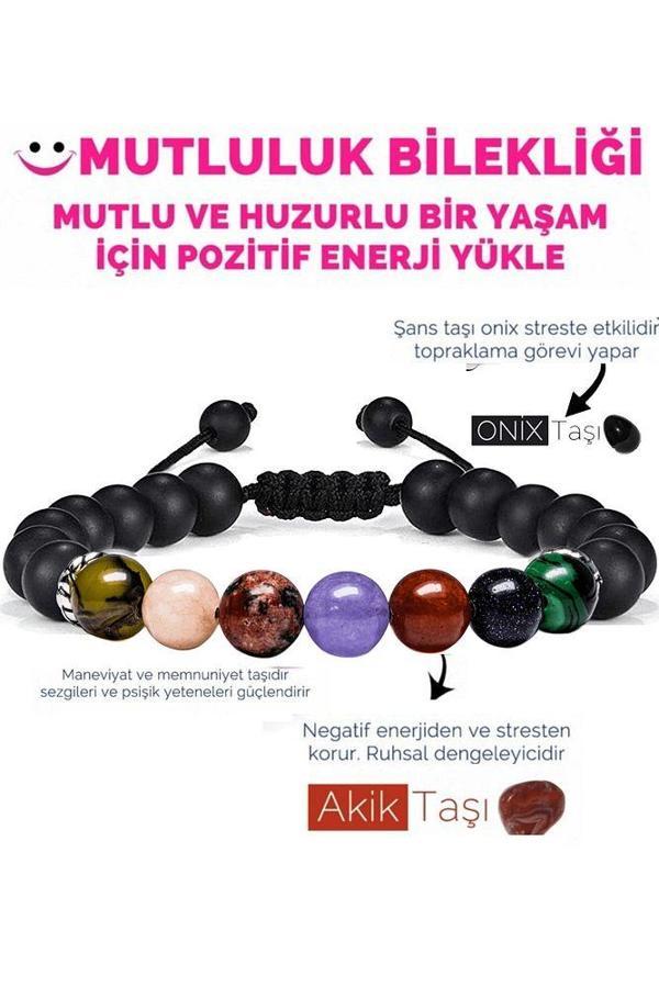 Sertifikalı Mutluluk Iç Huzur Bilekliği Akik Kalsit Mercan Kuvars Mavi Yıldız Malahit Oniks Doğal Taş Bileklik - Image 1