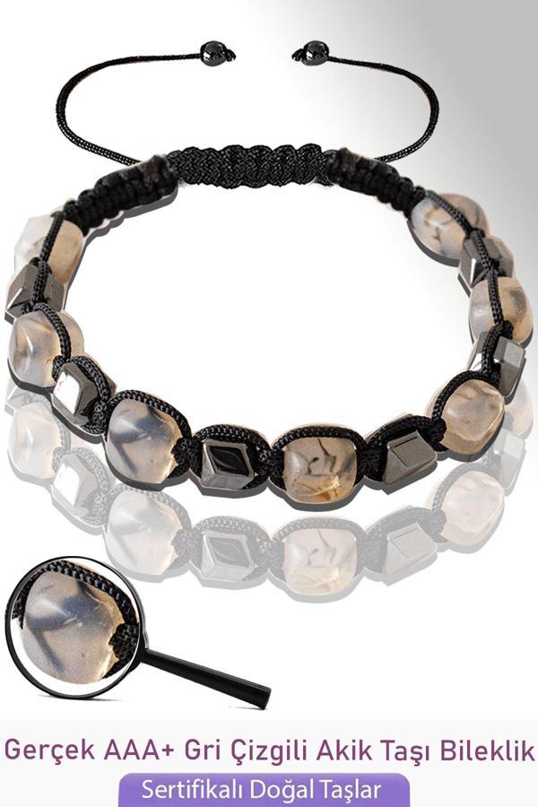 Sertifikalı Küp Model Gerçek Gri Çizgili Akik Taşı Bileklik - Ayarlamalı - Image 1