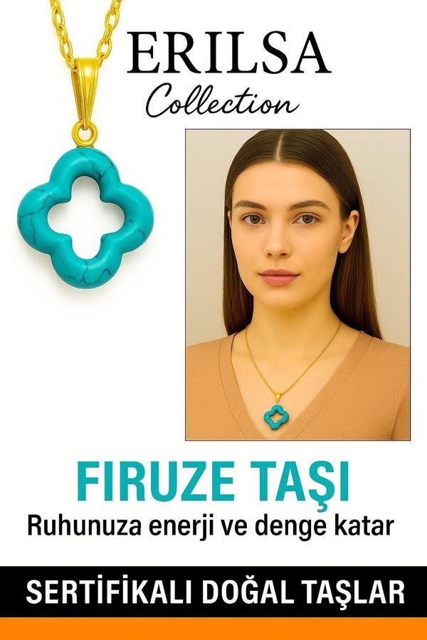 Sertifikalı Gold Yonca Model Firuze Turkuaz Taşı Kolye - Image 1