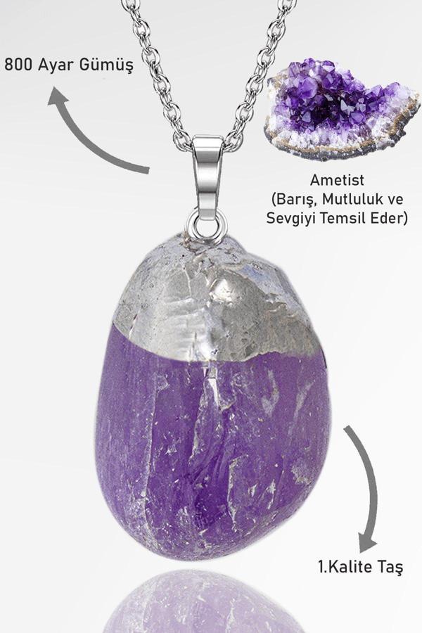 Sertifikalı Tamburlanmış Ametist Taşı Kolye - Image 1