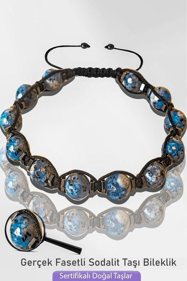 Sertifikalı Makrome Doğal Fasetli Sodalit Taşı Bileklik - Ayarlamalı - Image 1
