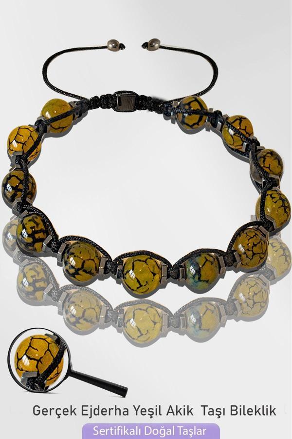 Sertifikalı Makrome Doğal Ejderha Yeşil Akik Taşı Bileklik - Ayarlamalı - Image 1