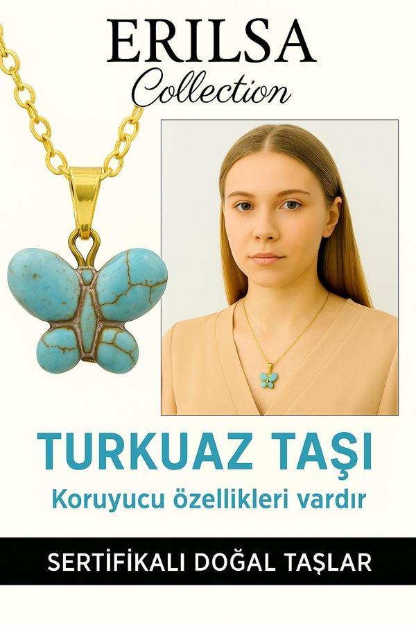 Sertifikalı Altın Renkli Kelebek Firuze (Turkuaz) Kolye – Özgürlük, Koruma ve Ruhsal Denge Taşı - Image 1