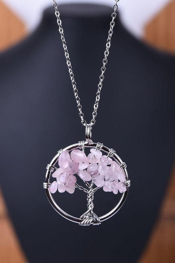 Sertifikalı Pembe Kuvars Taşı Hayat Ağacı Kolye - Image 1