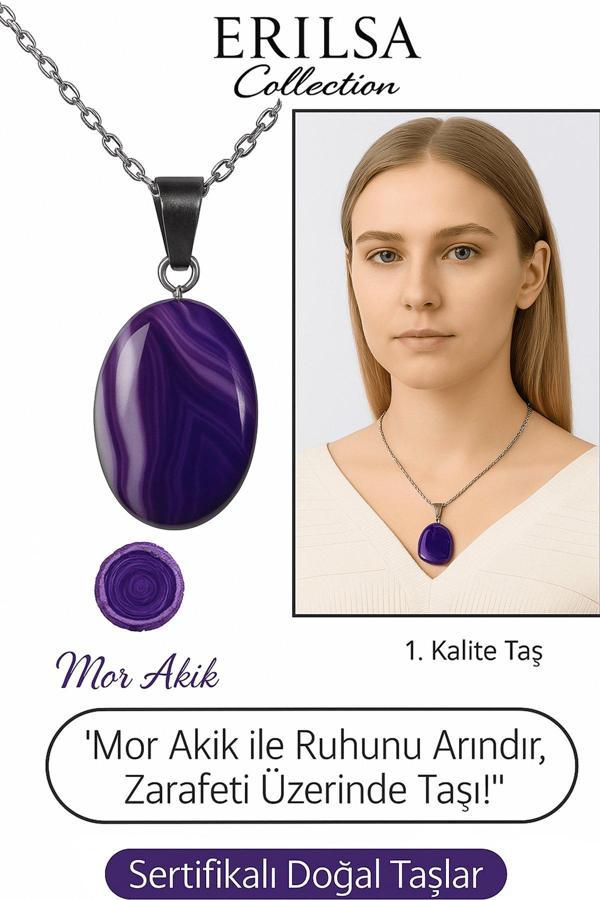 Sertifikalı Oval Mor Akik Taşı Kolye – Gümüş Aparatlı Doğal Şifa ve Zarafet İçin - Image 1